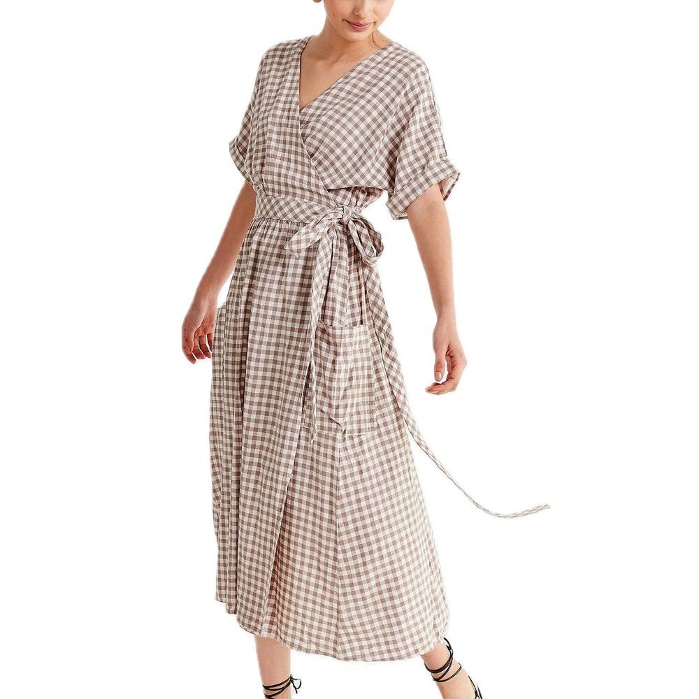 Urban Outfitters Cottagecore Gabrielle Neutral Gingham Linen Midi Wrap Dress